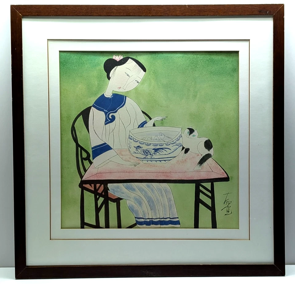 Hu Yongkai (chino B. 1945) Gouache sobre papel firmado - Dama con gato y koi Foto 3 de 4