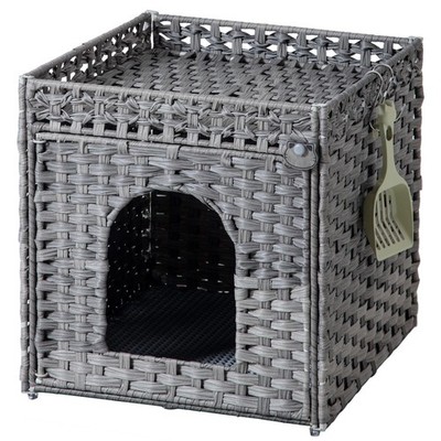 Cat Litter Enclosure with Litter Mat and Rattan Cat House, Supports Litter Bo...