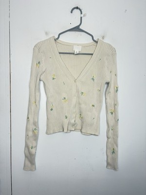 Hm Sweater Womens M Flowers Cardigan Button Up Cropped Thick Ribbed Cottagecore