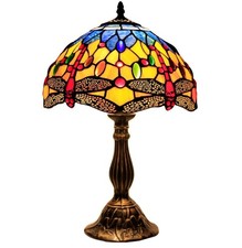 Tiffany Lamp Stained Glass Bedside Table Lamp OrangeBlue Dragonfly Style Reading