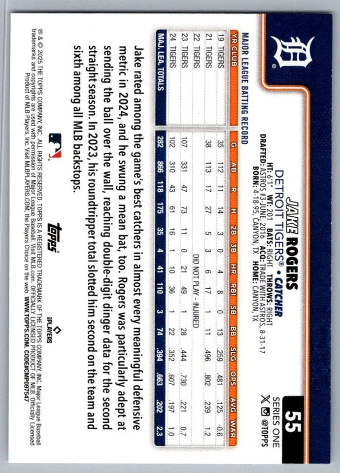 2025 Topps Jake Rogers Detroit Tigers #55 - Image 2 of 2