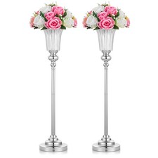 Tall Silver Trumpet Vase Pair