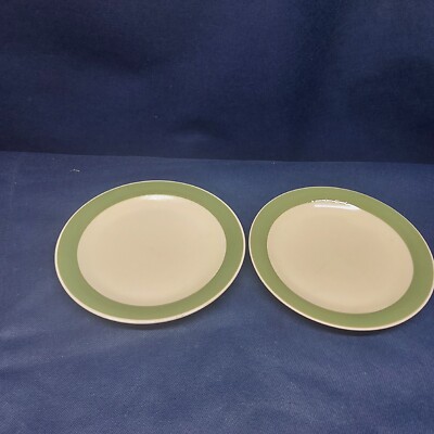 Vintage Gibson Everyday Designs Set/2 Bread/Salad Plates Olive Green Band EUC 
