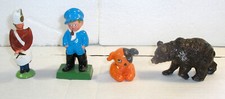 4 Vintage Collectible Lead Figures: Dog, Bear, Soldier Drummer, Man, 3 Marked