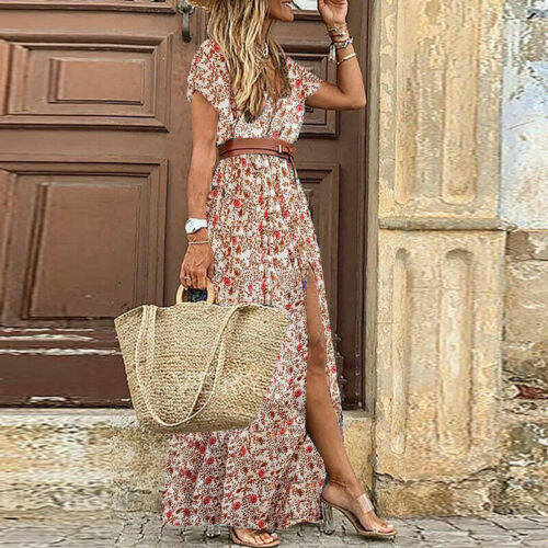 Women short sleeve V-Neck Wrap Floral Maxi Dress Ladies Summer Beach Sundress - Picture 7 of 12