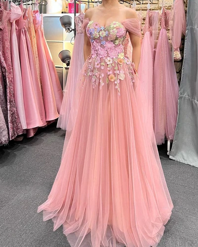 Flower Prom Dress Off Shoulder Evening Gown Tulle Party Occasion Dress - Picture 14 of 15