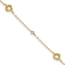 Real 14kt Two-tone Love Knots on Small Heart Link Chain Bracelet; 7.5 inch