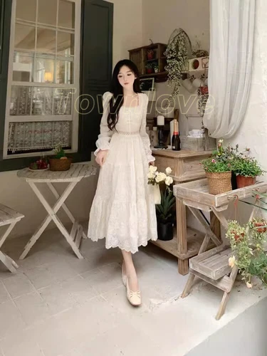 Women Fairy Elegant White Long Sleeve Dresses Lace Dress Vintage Square Collar - Bild 12 von 12