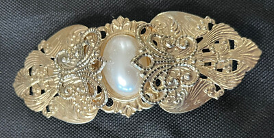 Vintage 4” Faux Pearl Jeweled Hair Barrette Gold Tone Made  display picture 2