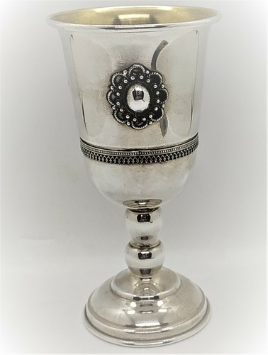 Sterling silver Kiddush chalice flower Yemenite filigree designs around cup - Picture 5 of 7