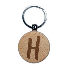 Letter H Uppercase Felt Marker Font Engraved Wood Round Keychain Tag Charm