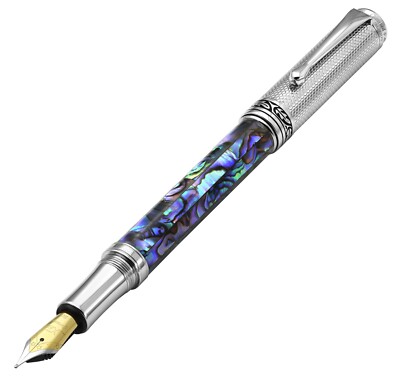 Xezo Maestro Pāua Abalone Sea Shell Medium Fountain Pen, Chrome Plated. Handmade