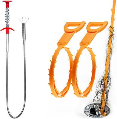 Snake Drain Hair Clog Remover Tool, 34'' Steel Claw & 2 Pack Plastic Sink Tool