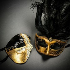 Black Gold Phantom Half Face Musical Gold Mardi Gras Tall Feather Couple Masks