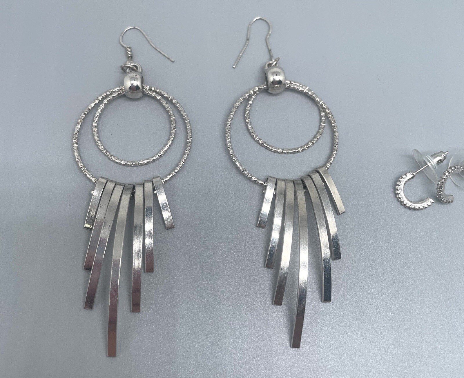 Two Silver Tone Dangle Small Hoop Rhinestone Earr… - image 3