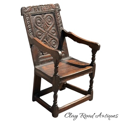 Antique Wainscot Chair 1674 Celtic cross snakes birds oak pilgrim period Joined