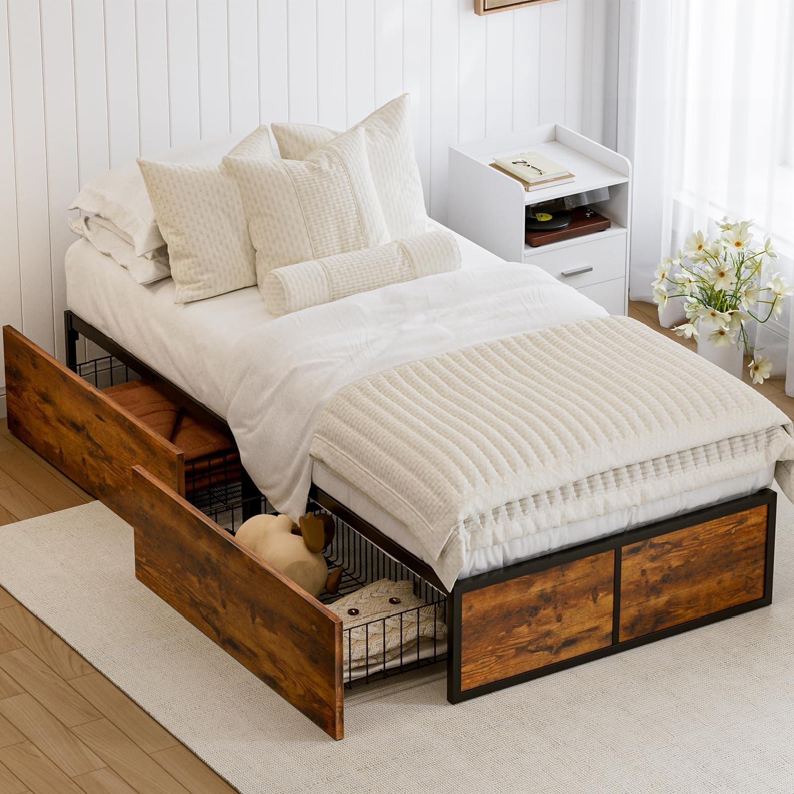 With 2 Xl Storage Drawers, Metal Platform Bed Frame With