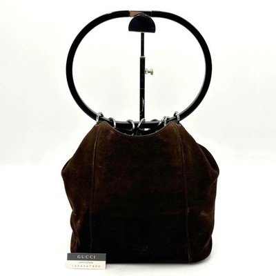 Auth Gucci Tom Ford Era Plastic Handle Suede Shoulder Bag Brown  001 3750 2Y8675