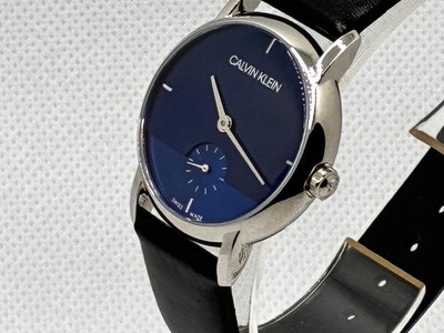 Calvin Klein Swiss Made Quartz Dress Watch Blue Dial Black Leather Strap 30mm