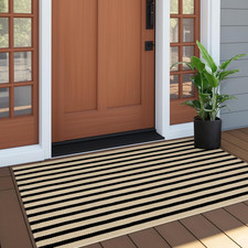 Outdoor Porch Rug Fall Front Door Mat 24'X51, Washable Black and Tan Striped
