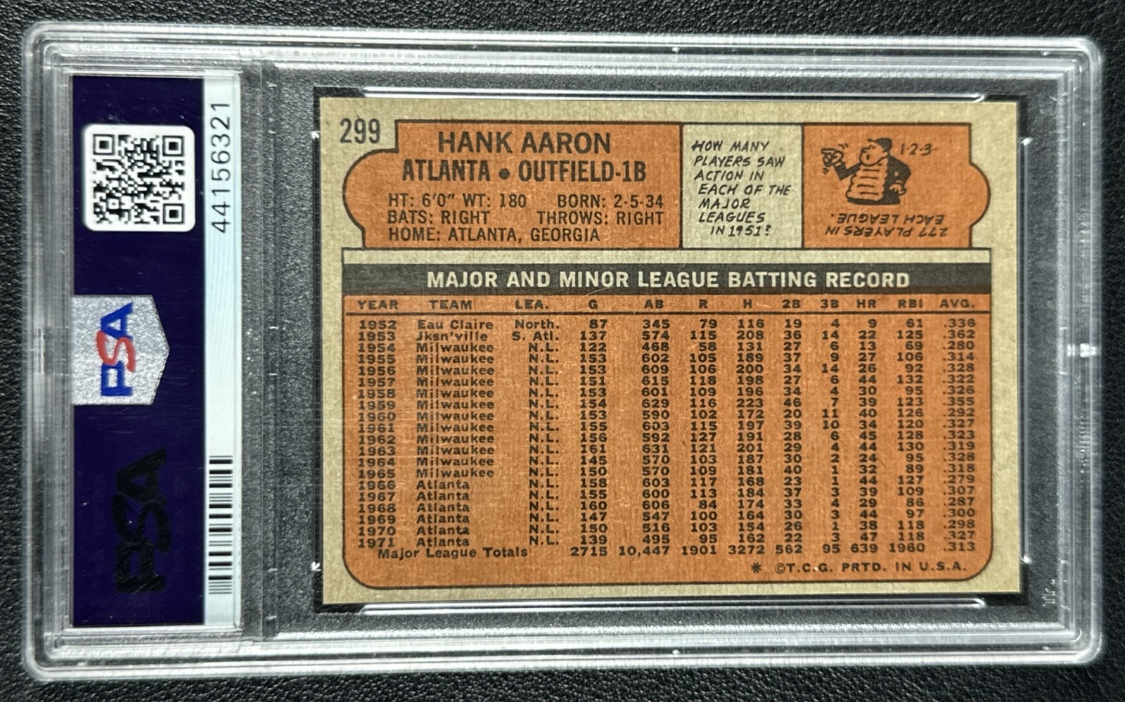 HANK AARON PSA 9 1972 TOPPS BASEBALL #299 BRAVES MINT view 2