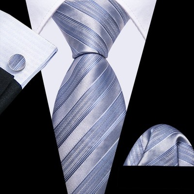 Men Silver Tie 3 Pieces Necktie Pocket Square Cufflinks Multicol Wedding Party