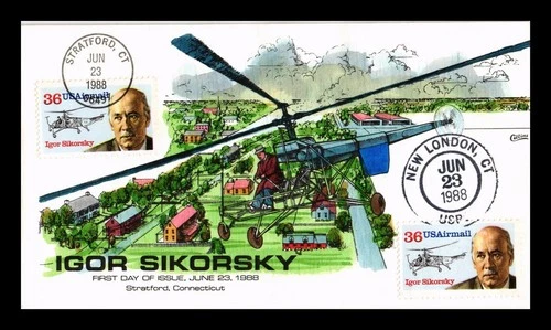 DR JIM STAMPS US COVER IGOR SIKORSKY AIR MAIL FDC COLLINS HAND PAINTED
