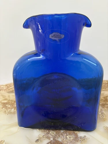 Blenko 384 Cobalt Blue Glass Water Bottle Double Spout Orig Sticker/date stamp