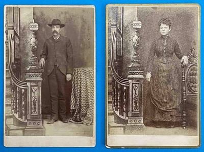 2 Cabinet Cards Same Studio Set Up Different People Similar Pose