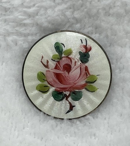 ANTIQUE c.1910 STERLING SILVER & GUILLOCHE ENAMEL Rose BROOCH Signed Norway OPRO