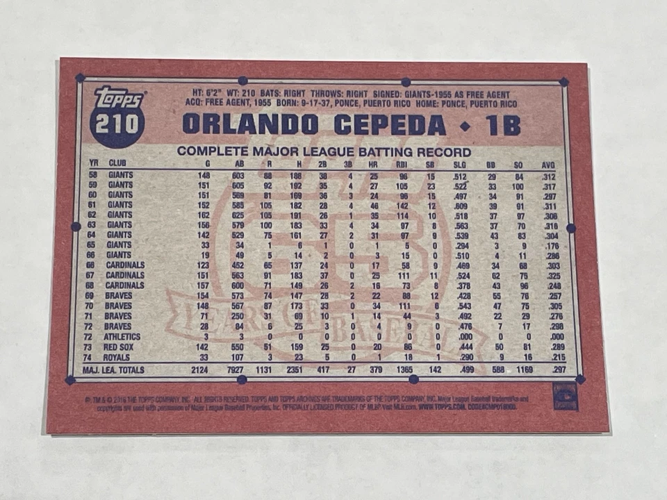 2016 Topps Archives Baseball #210 - Orlando Cepeda - San Francisco Giants - Image 2 of 2