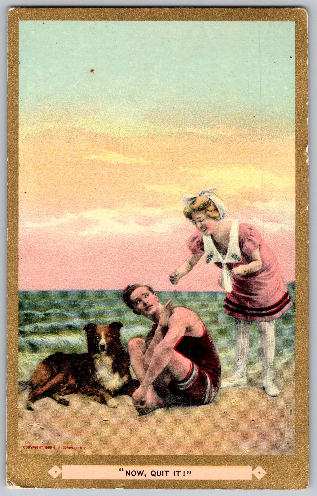 Antique Postcard Bathing Couple & Dog 1910s