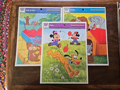 Lot of 3 8x11 Vintage Walt Disney Cardboard Frame Tray Puzzles, Pluto, scamp, +