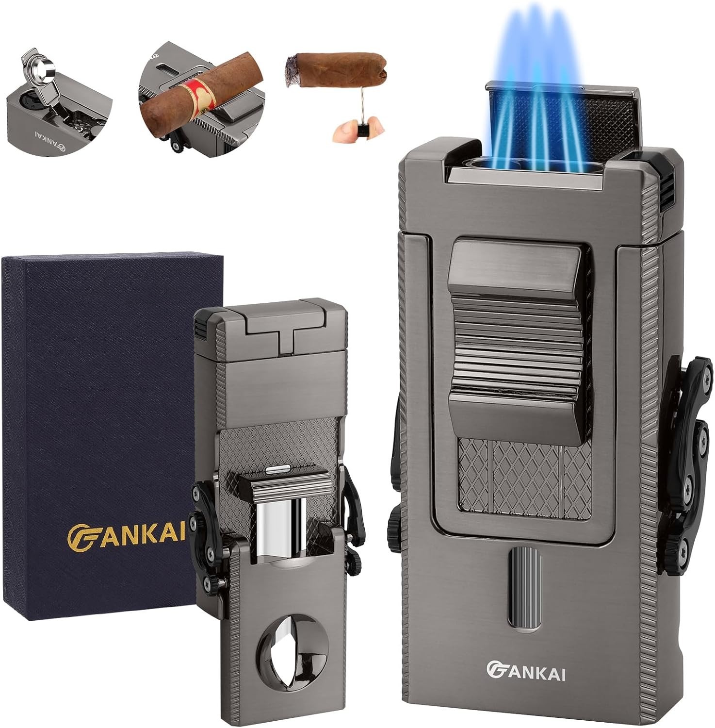 Multi-tool Cigar Torch With Sliding V Cutter Cigar Punch