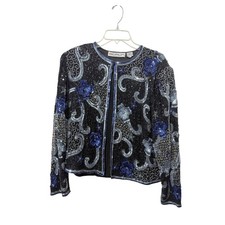 Vintage Scala Sequin Beaded Silk Jacket XL Black Blue Floral Evening Bolero