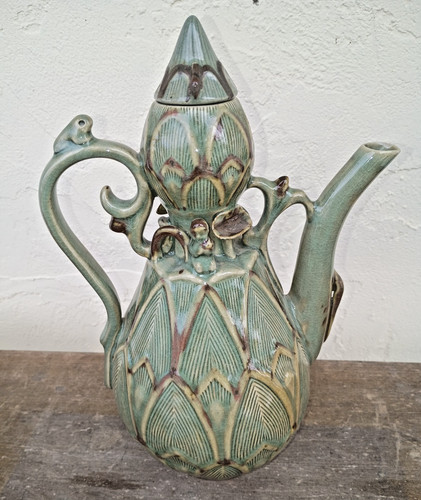 12" Vintage Green Celadon Buddhist Water Pitcher Korean Lotus Crazed