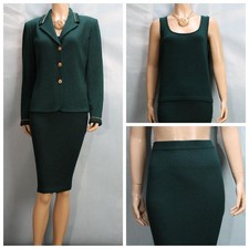 St. John Collection Green Jacket Skirt Top L 12 10 3pc Suit Buttons Gold Trim