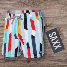 Men  s SAXX Oh Buoy 2N1 Ballpark Pouch Volley 5  Multi Colored Blue Shorts 2XL