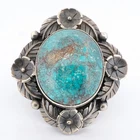 LOVELY Turquoise & Sterling Silver Ornate Flowers Southwest Statement Ring, US 8