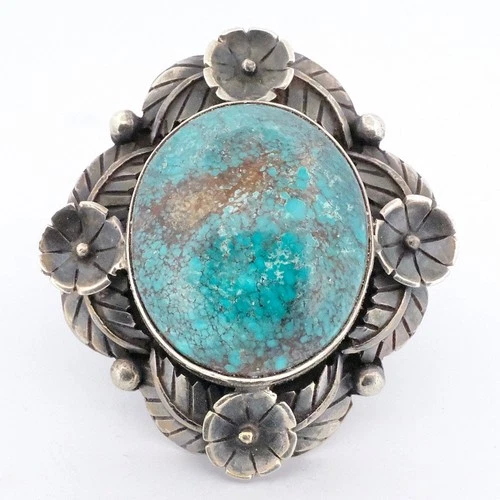 LOVELY Turquoise & Sterling Silver Ornate Flowers Southwest Statement Ring, US 8