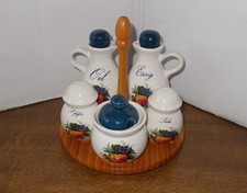 schöne Menage  Keramik Essig Öl Senf Salzstreuer Pfefferstreuer mit Holzständer