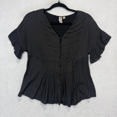 Dolan Blouse Womens XS Black Button Front Flutter Sleeve Pleated Peplum Top