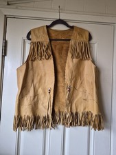 Vintage Navajo Etched Fringe Leather Vest 70 s Western Boho Hippie L