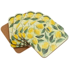 Boston International Cork Backed Coaster Set, 4" x 4", Painterly Lemons
