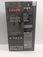 NEW NWT - LEVI'S MEN'S SIZE L GREY/BLACK BOXER BRIEFS 4 PACK Cotton Stretch 
