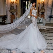 Fashion Sleeveless Wedding Dresses For Woman Bride Mermaid Pearls Appliques