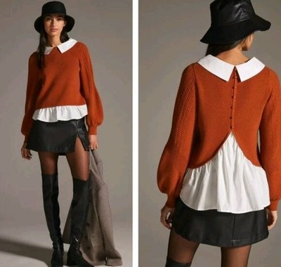 Maeve by Anthropologie Mockable Shirt Sweater Burnt Orange Peter Pan Collar Lg