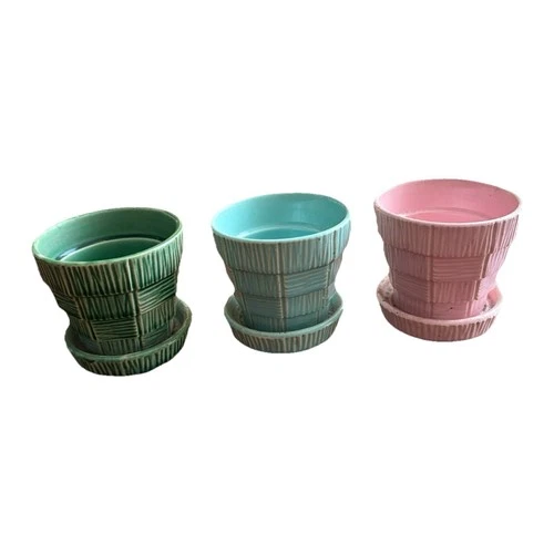 Vintage McCoy Pottery Basketweave Planter Pink Blue Green Pastel 4x3 (Pink Flaw)