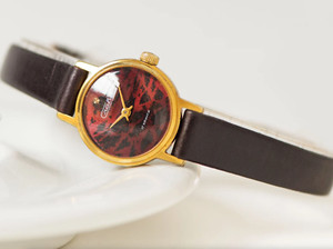 Authentic Limited edition women watch SLAVA gold plated burgundy cheetah pattern dial