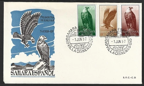 Spanish Sahara 1957 Birds of Prey set of 3 on FDC First Day cover